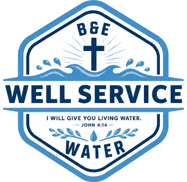 B&E Water Well Service LLC logo: a cross over water in a hexagon badge with the words I will give you living water, John 4:14